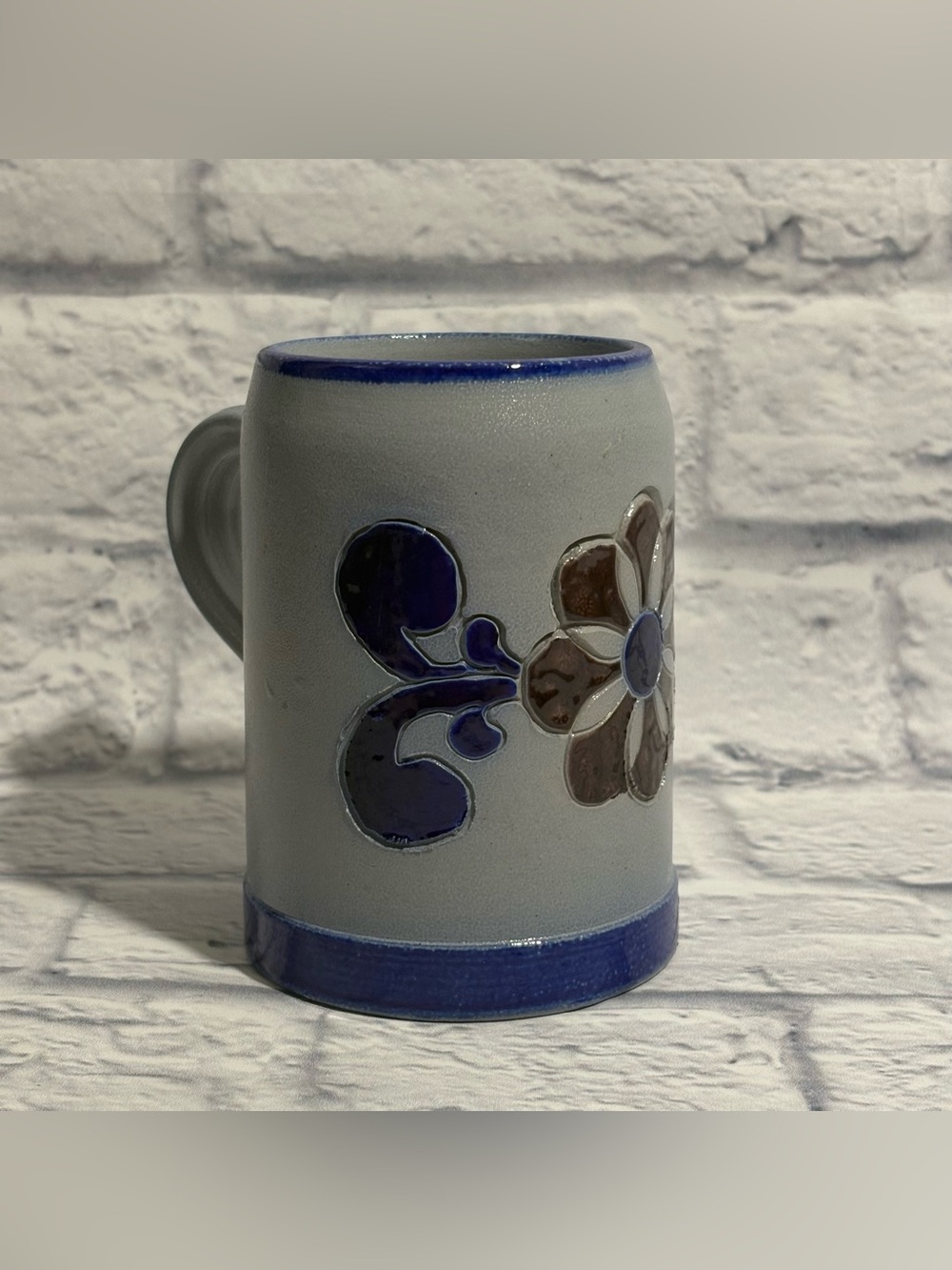 Handmade salt-glazed stoneware pottery floral motifs stein mug